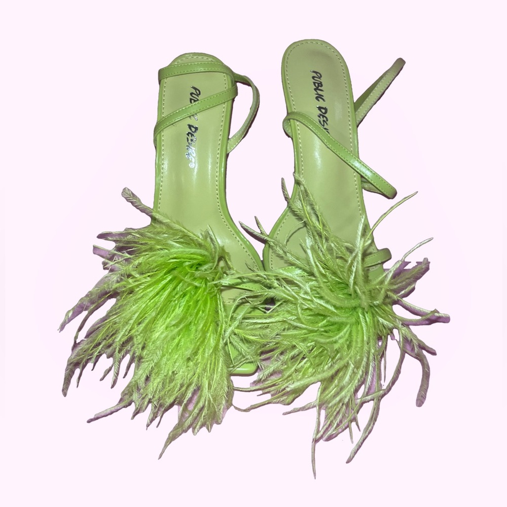 Neon Green Fluffy Feather Ankle Straps Heels